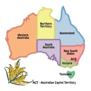 page 1 of book of aussie babies - showing map of australian states