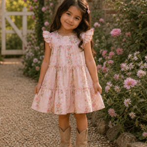 little girl in a kids on trend pink floral dress in a garden