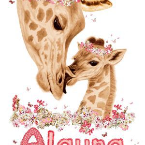 Personalised print - giraffe and baby - text reads Alayna