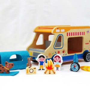 wooden RV with accessories unpacked from box