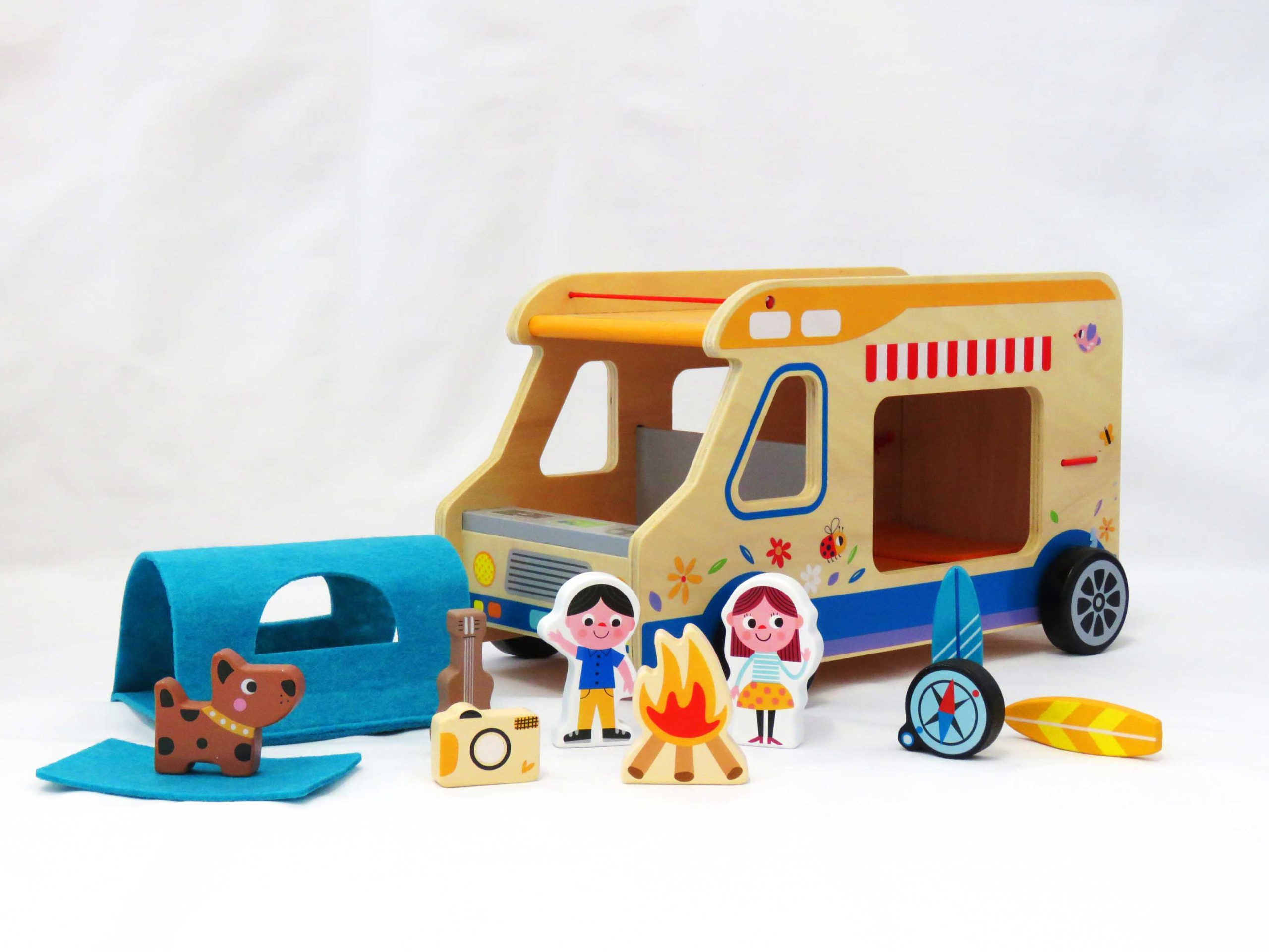 wooden RV with accessories unpacked from box