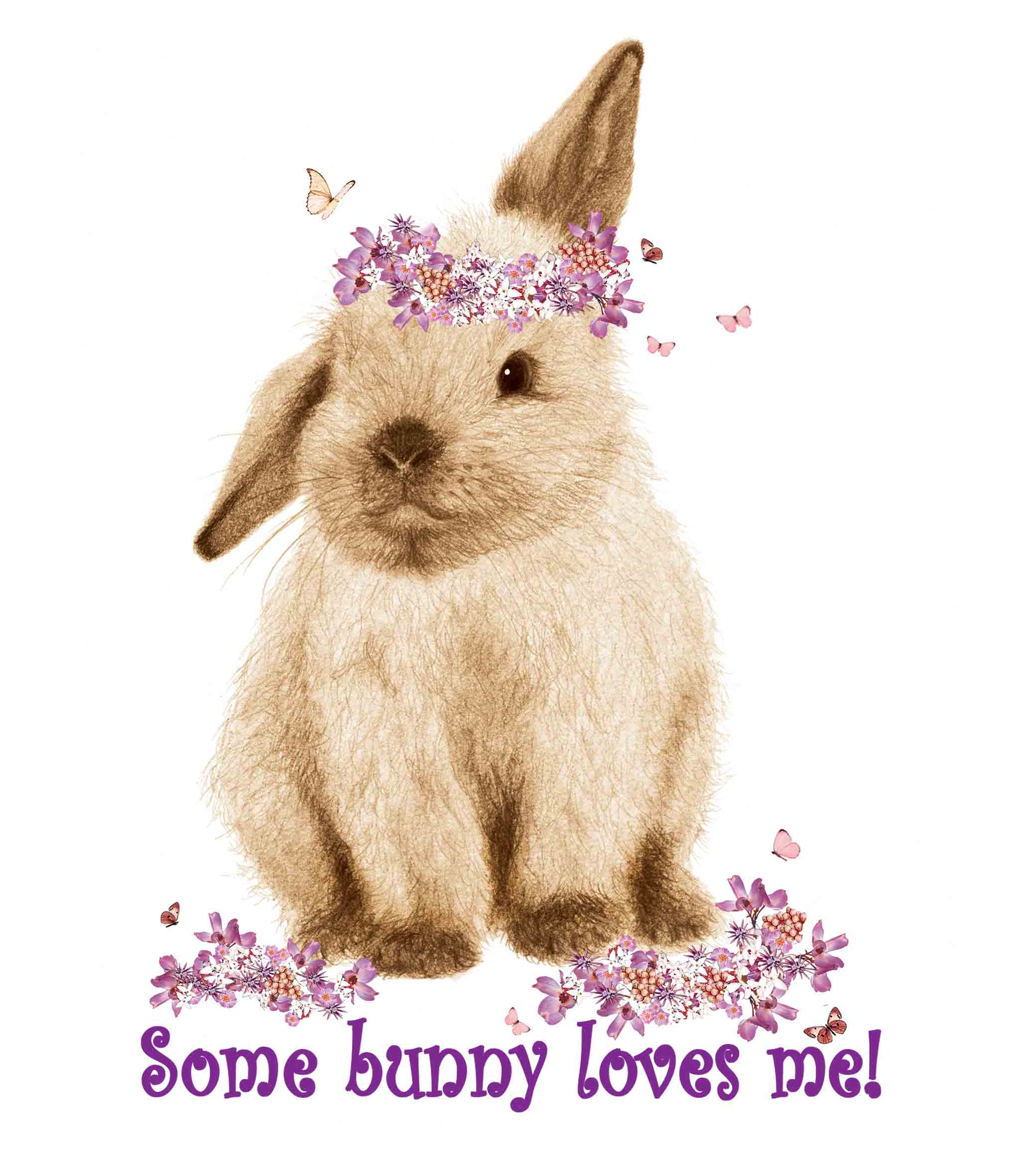 tshirt print in purples - lop eared bunny with flowers - text reads some bunny loves me!