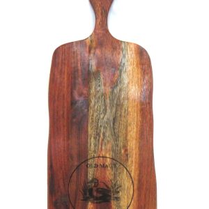 platter board with handle made of dark acacia wood with duck image text reads Old Mac's Farm