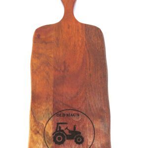 platter board with handle made of dark acacia wood with tractor image text reads Old Mac's Farm