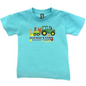aqua blue tshirt with old mac's farm logo on it - sarah prince design