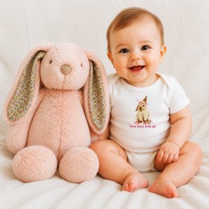 baby beside a pink rabbit wearing a 'some bunny loves me' romper