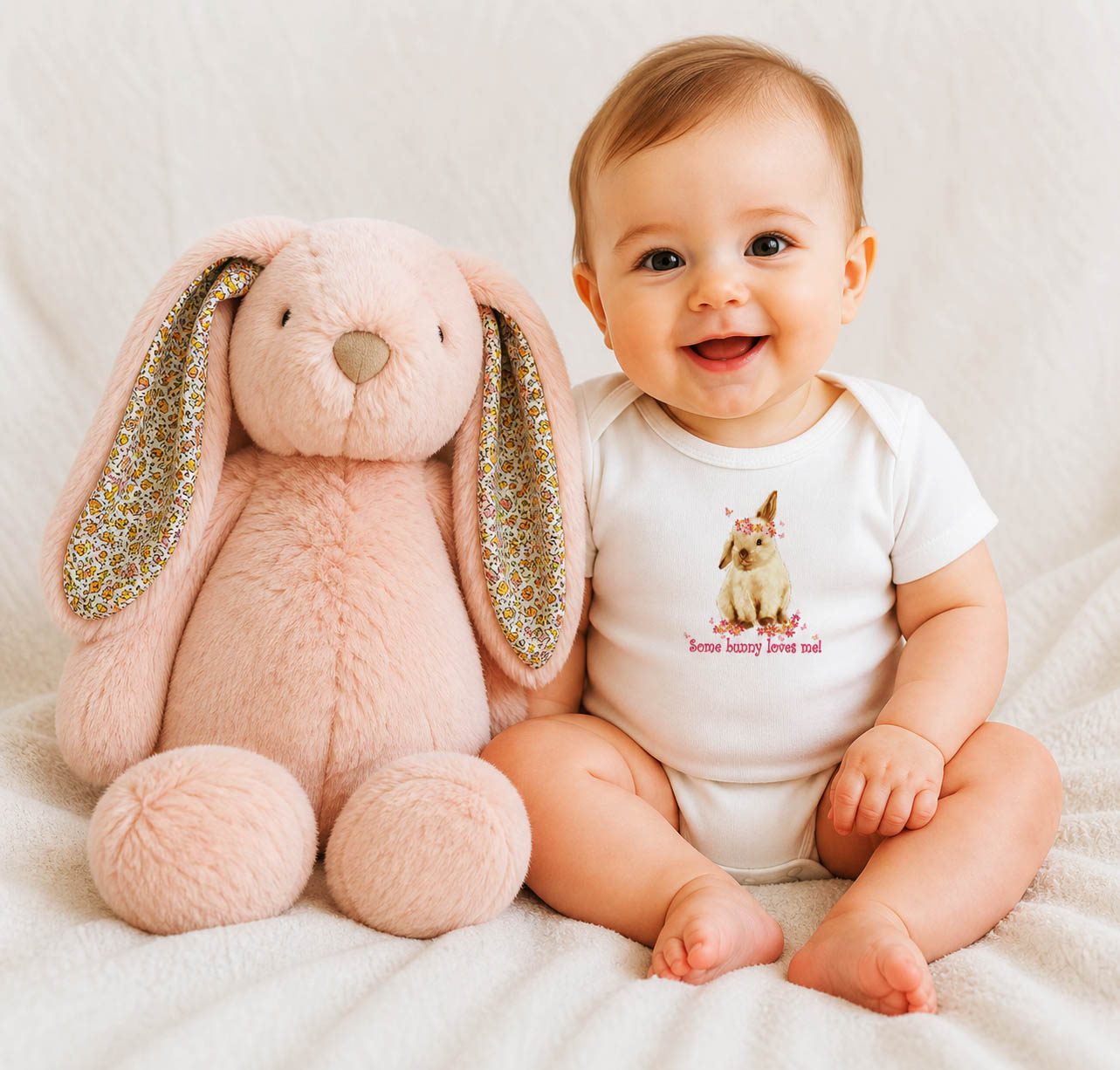 baby beside a pink rabbit wearing a 'some bunny loves me' romper