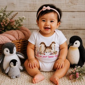 a baby wearing a put on your happy feet penguin tasmanian romper