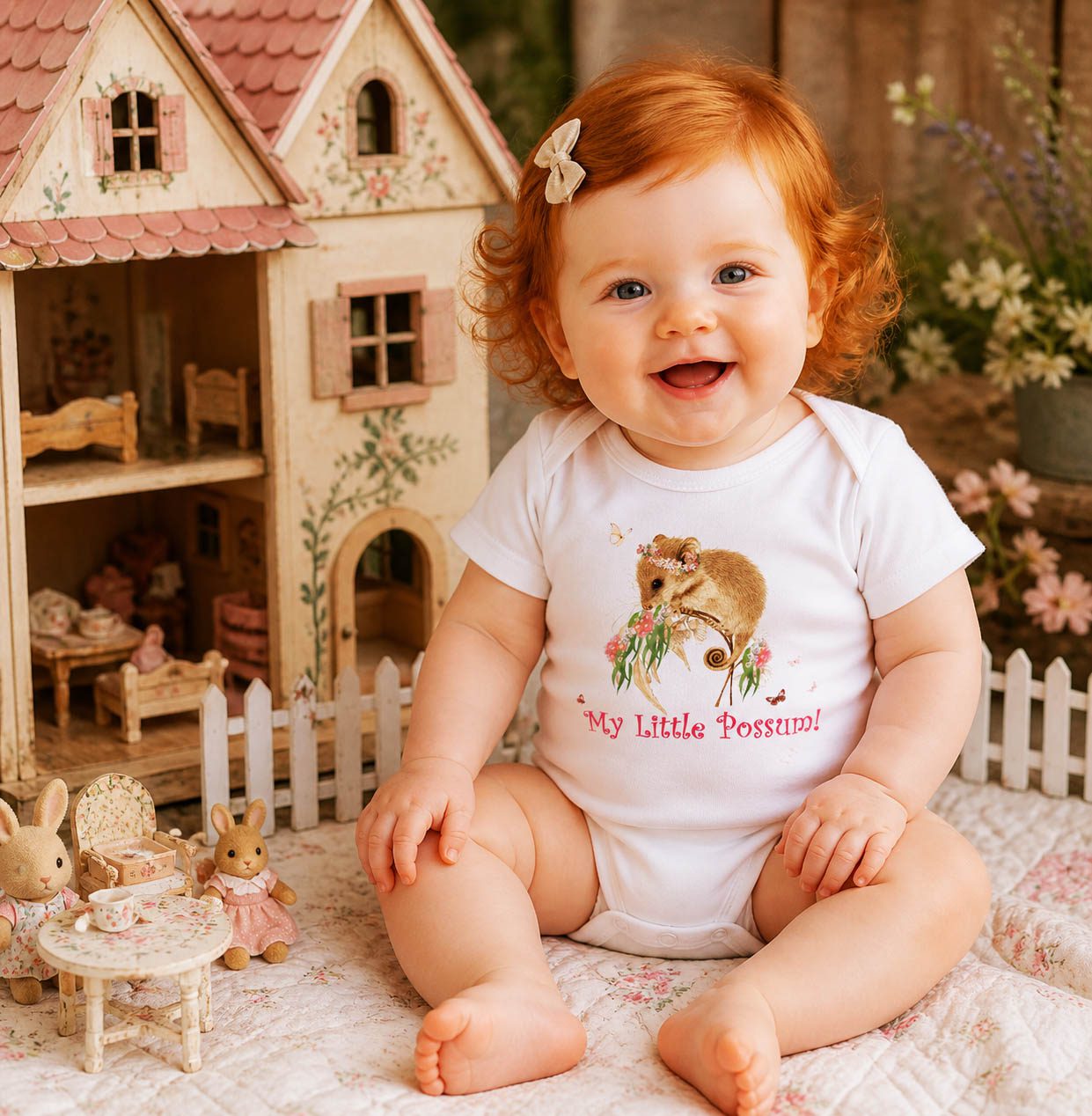 a baby wearing a 'my little possum' tasmanian romper