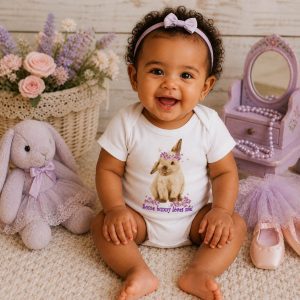 a baby wearing a 'some bunny loves me' tasmanian romper