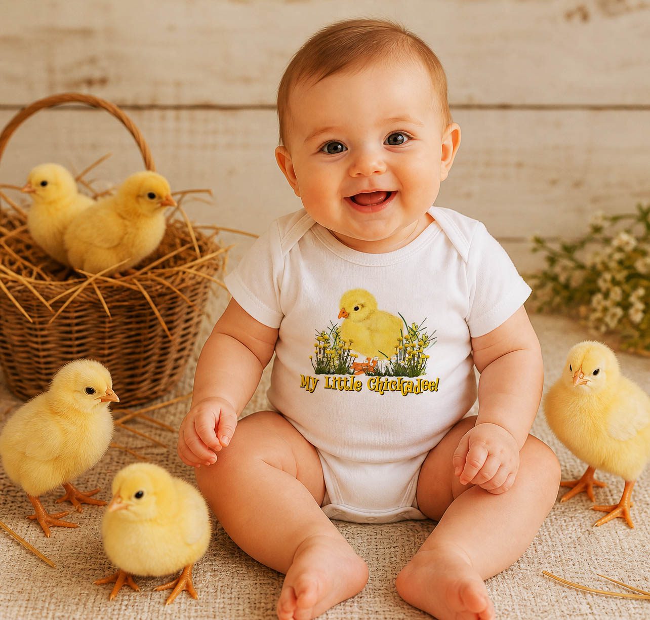 a baby wearing a 'my little chickadee' romper