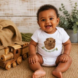 a baby wearing a green so cute and cuddly wombat tasmanian romper