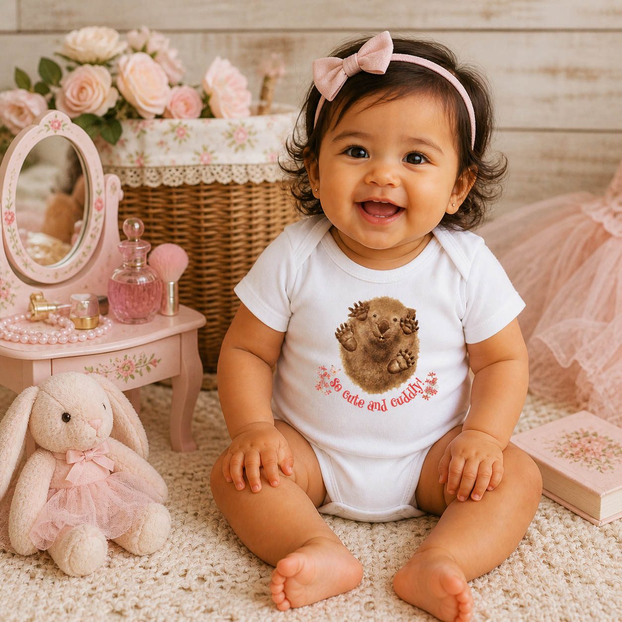 baby wearing a pink so cute and cuddly wombat tasmanian romper