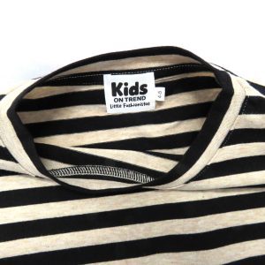 kids on trend long sleeved tshirt with coffee and black coloured stripes - close up of label and collar