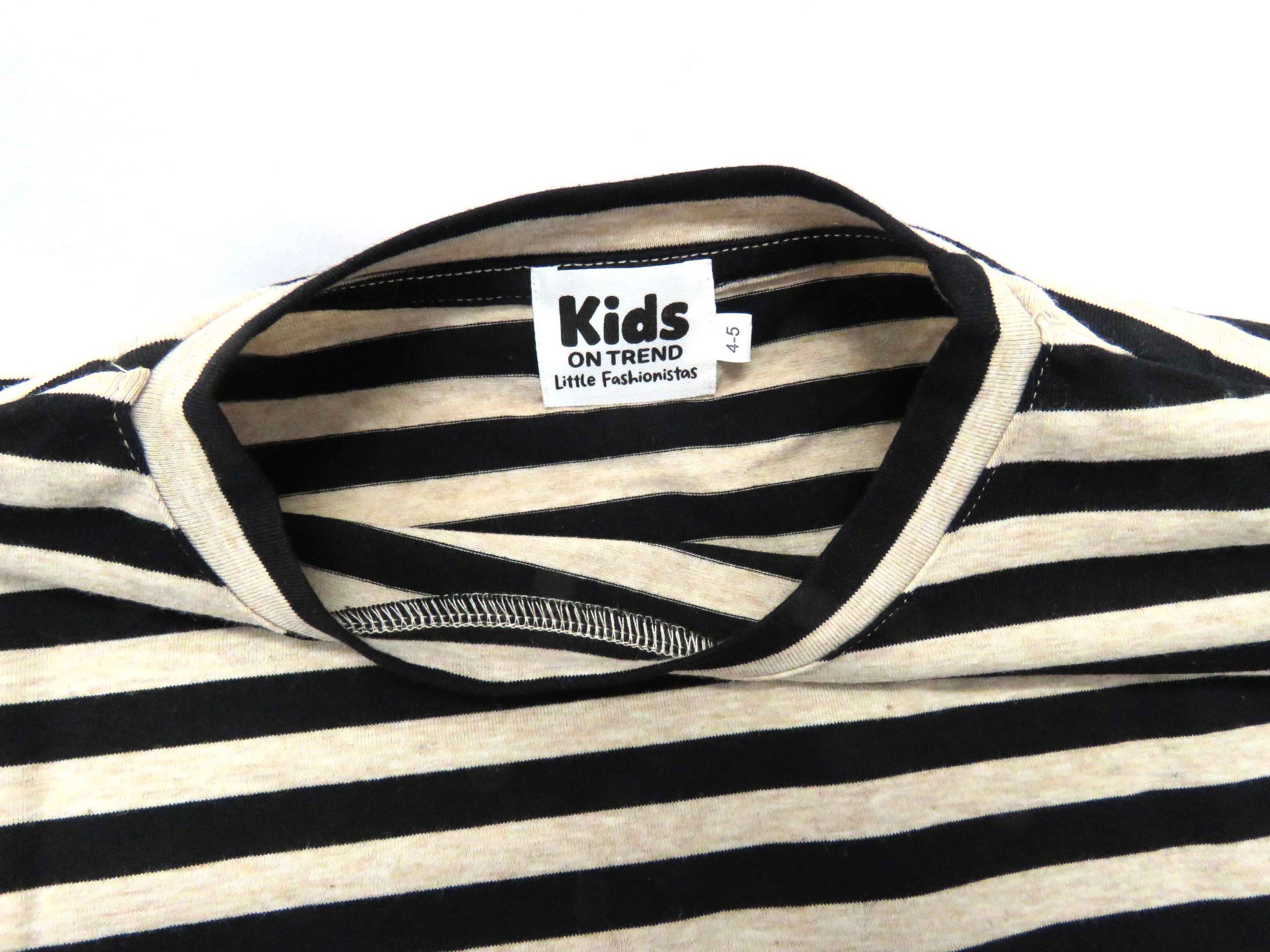 kids on trend long sleeved tshirt with coffee and black coloured stripes - close up of label and collar