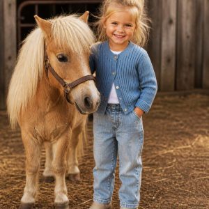 Little girl in a kids on trend blue cardigan and jeans standing beside a small pony in a tasmanian farm setting