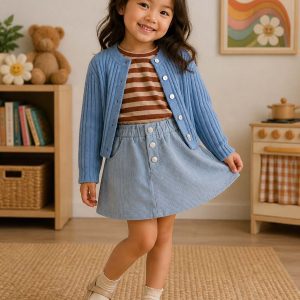 girl wearing a kids on trend blue skirt and blue cardigan