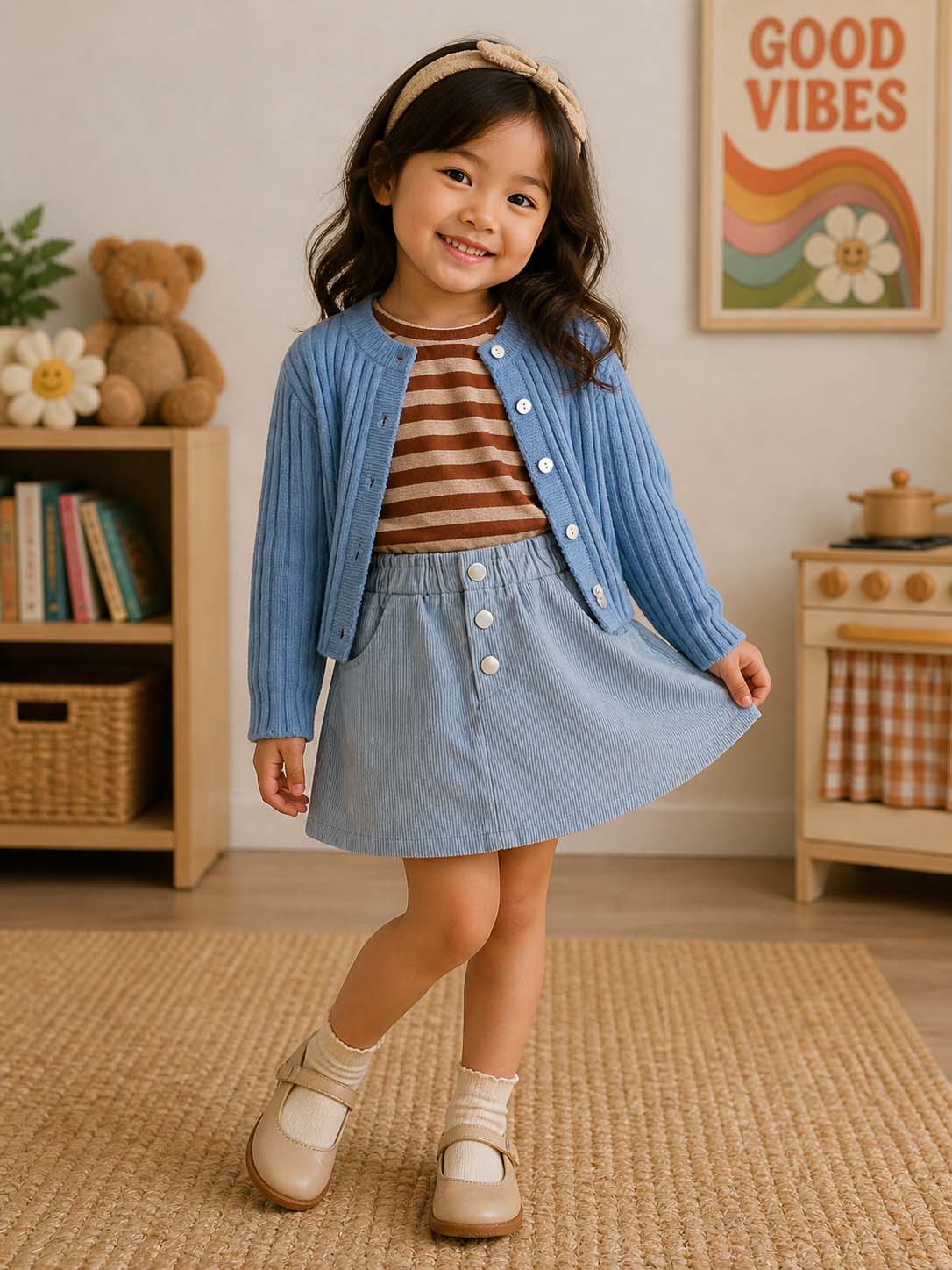 girl wearing a kids on trend blue skirt and blue cardigan