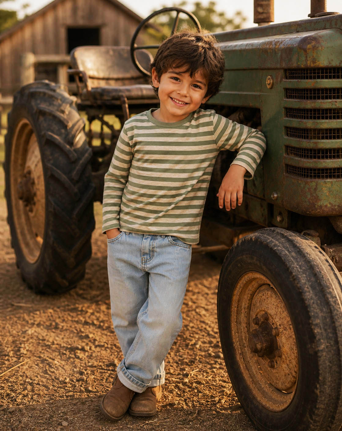 boy leaning against an old tractor wearing a kids on trend striped tshirt and blue jeans