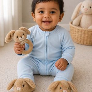 a happy lirrle baby in a blue romper with brown bunny booties holding abrown bunny rattle