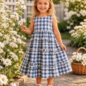little girl in a kids on trend blue and white checked dress in a launceston garden
