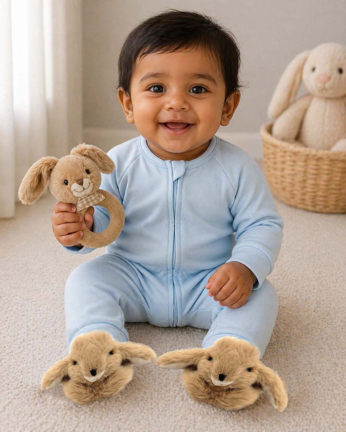baby wearing brown bunny booties and holding a bunny rattle