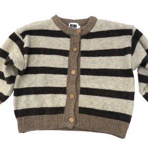 kids on trend brown and cream striped cardigan - front view buttoned