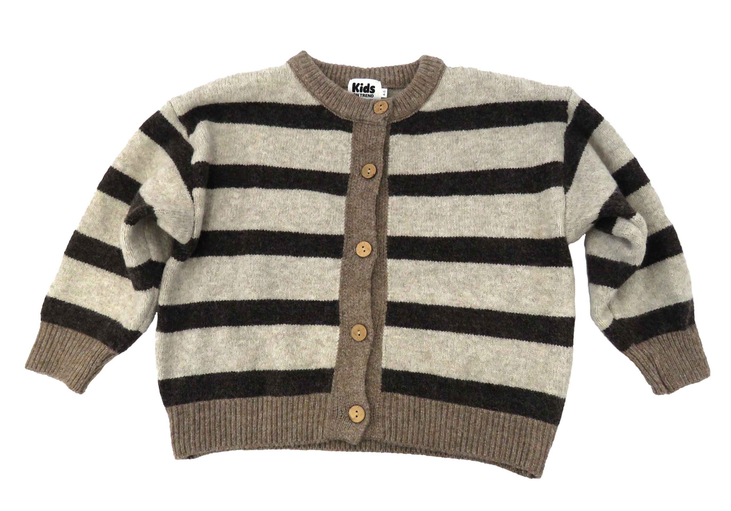 kids on trend brown and cream striped cardigan - front view buttoned