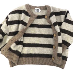 kids on trend brown and cream striped cardigan - front view unbuttoned
