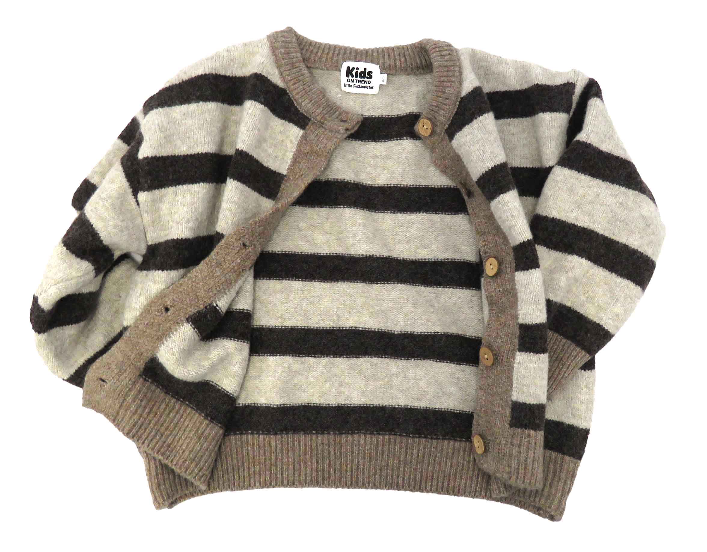 kids on trend brown and cream striped cardigan - front view unbuttoned