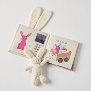 Jiggle and Giggle fabric book for babies with bunny ears, called goodnight bunny, comes with a white plush toy bunny page 2