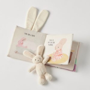 Jiggle and Giggle fabric book for babies with bunny ears, called goodnight bunny, comes with a white plush toy bunny page 1
