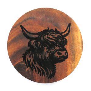 acacia wood coaster with laser printed image of a highland cow