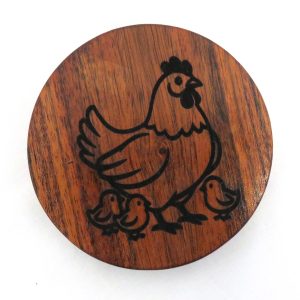 acacia wood coaster with laser printed image of a chook and her chickens