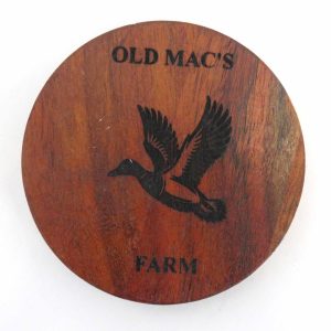 acacia wood coaster with laser printed image of a flying duck text reads old macs farm