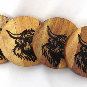 pack of 4 coasters featuring highland cows