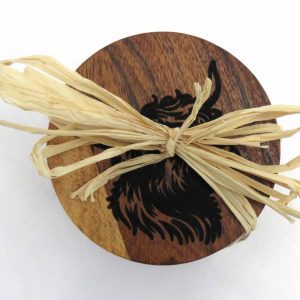 set of four acacia wood coasters with laser printed image of highland cows
