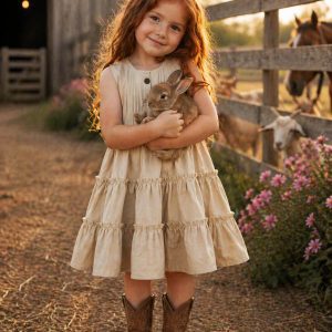 girl in a kids on trend cream linen dress standing in a farm yard holding a brown bunny