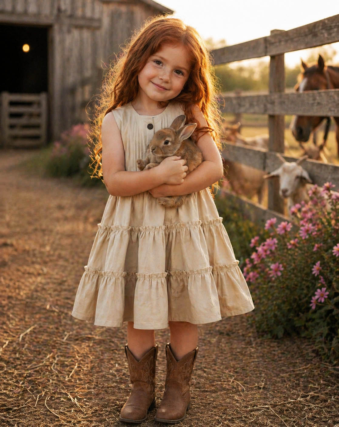 girl in a kids on trend cream linen dress standing in a farm yard holding a brown bunny