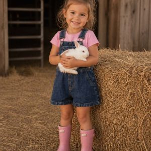 girl in pink gum boots and kids on trend dark blue denim overalls standing in a farm yard holding a white bunny
