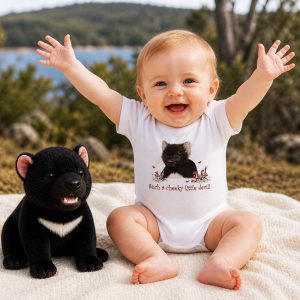 a baby wearing a 'such a cheeky little devil' tasmanian romper