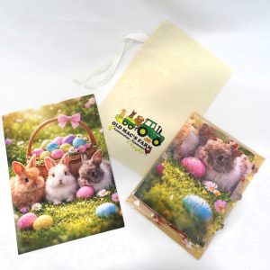 easter puzzle featuring three little rabbits and a basket full of eggs - comes with a calico bag with old macs logo