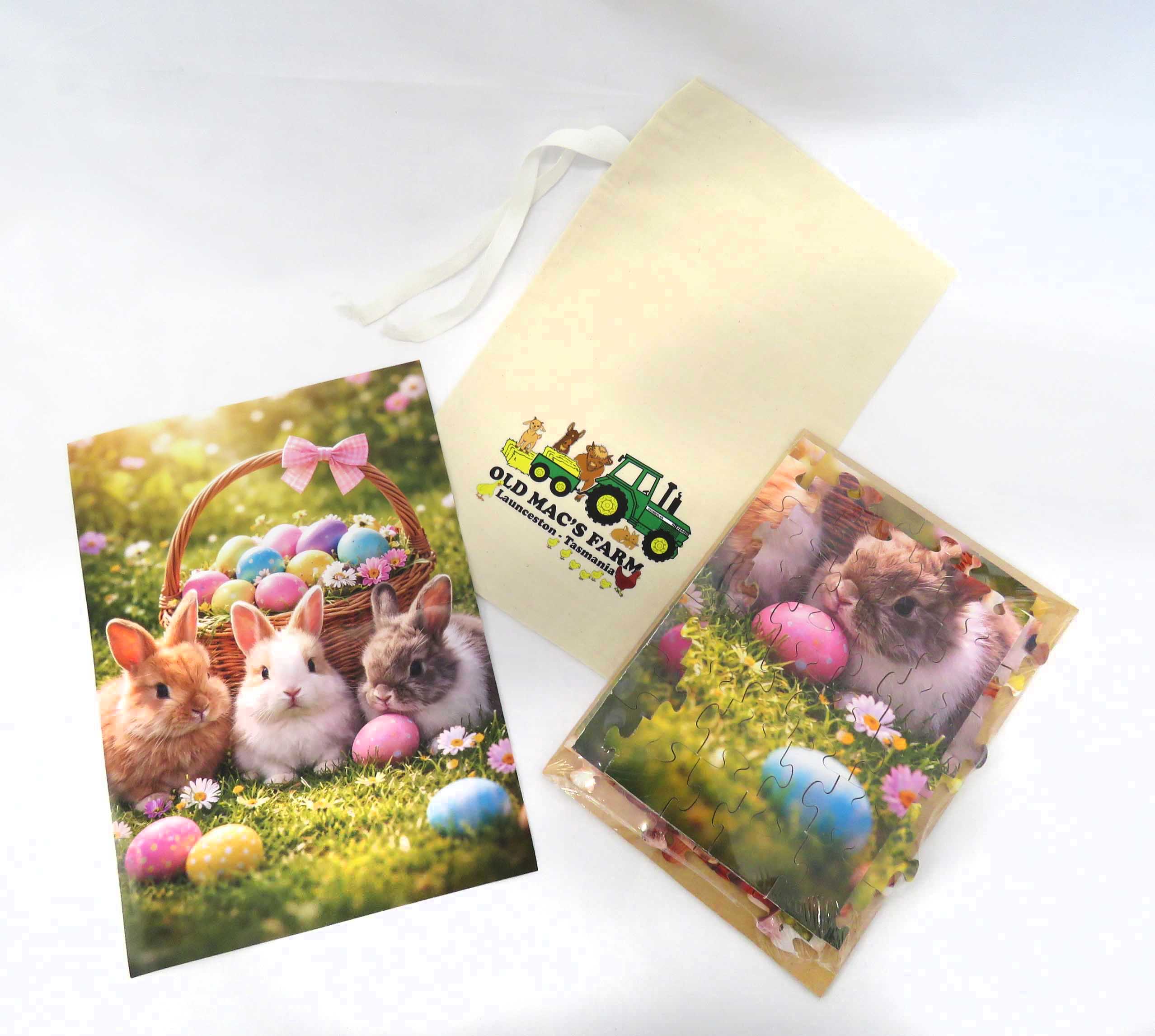 easter puzzle featuring three little rabbits and a basket full of eggs - comes with a calico bag with old macs logo