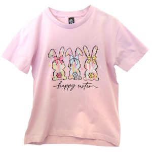 pale pink tshirt with pink, blue and yellow easter bunnies on it text reads happy easter