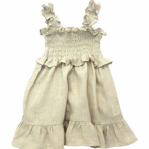 kids on trend frilly fawn coloured dress front view