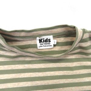 kids on trend long sleeved tshirt with coffee and green coloured stripes - close up of label and collar