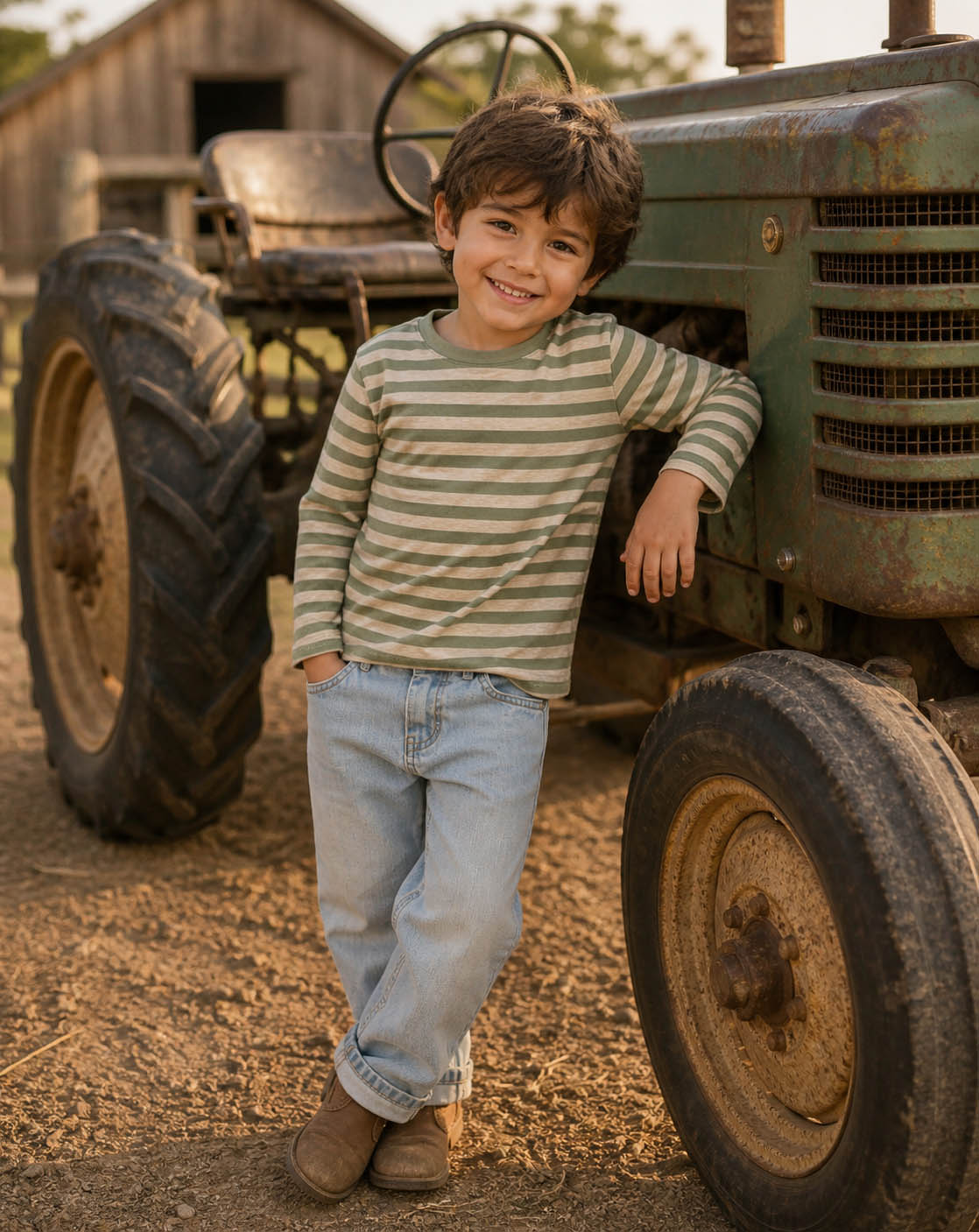 boy leaning against an old tractor wearing a kids on trend green t-shirt and blue jeans