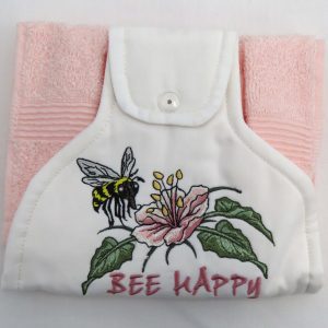 bumble bee hand towel showing embroidery detail text reads bee happy