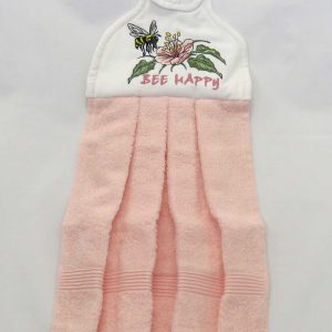 embroidered bumble bee hand towel with soft pink towel text reads bee happy!