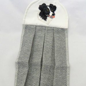 embroidered border collie hand towel with grey and white towel